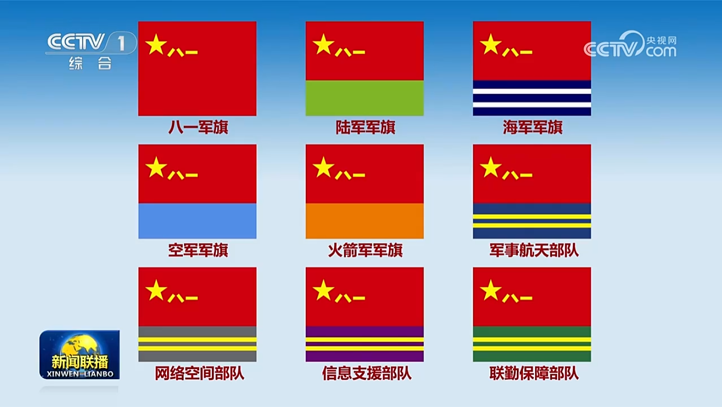 中央軍委主席習近平簽署命令 發布軍事航天部隊網絡空間部隊信息支援部隊聯勤保障部隊軍旗旗面式樣